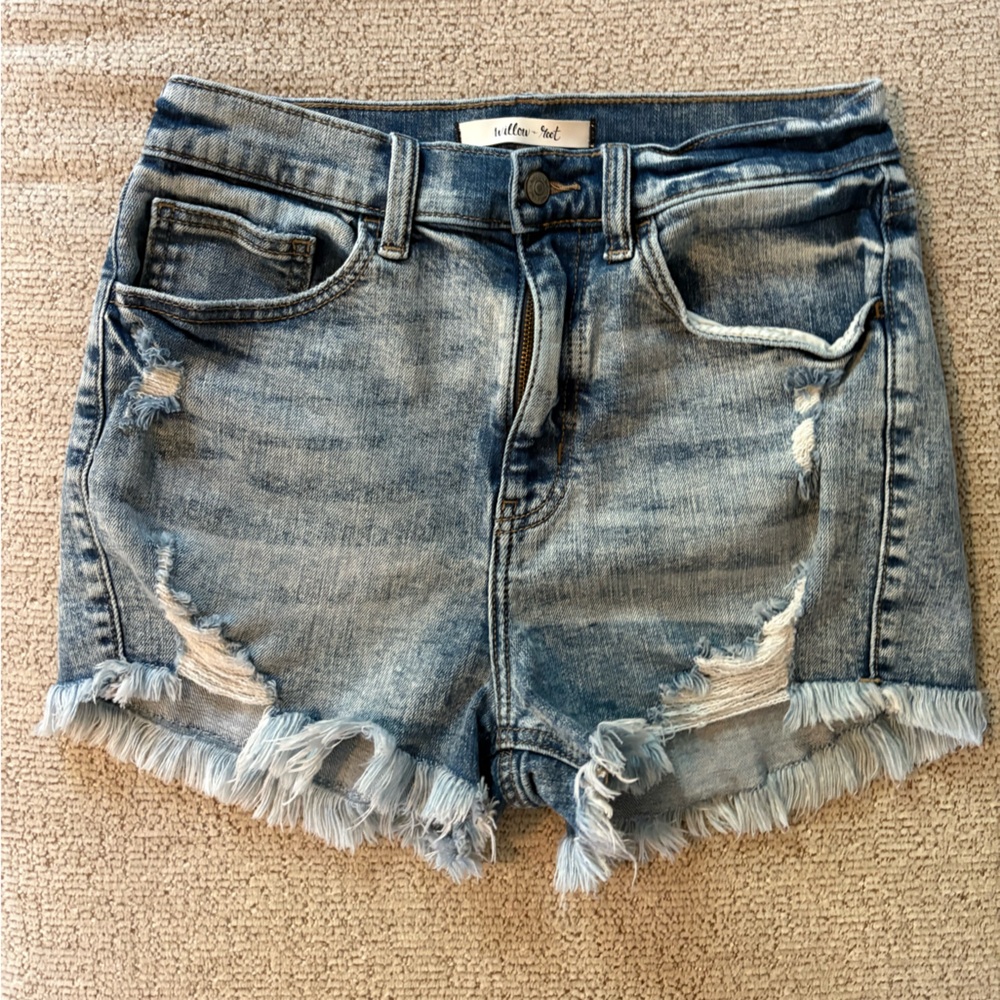 Blue Jean Shorts with Distressed Raw-Edge Hem